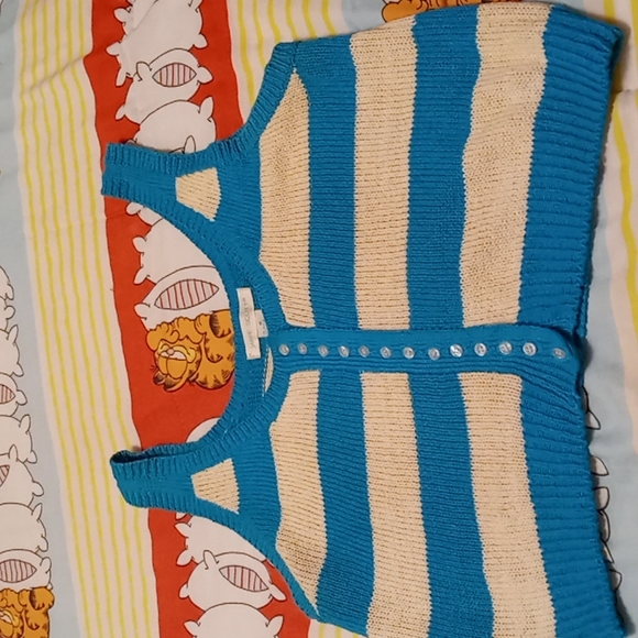 SexyVintage 80s Button DownTurquoise Blue & Cream Tank Style Sweater Crop Top 💙 - Picture 10 of 13